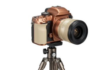 Copper-colored digital camera with lens isolated on a tripod, professional photography equipment for studio shots and outdoor use