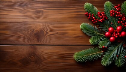 Christmas Tree Branch Decorations On A Wooden Table Table As Seen From Top With Three Winter Items Like Holly