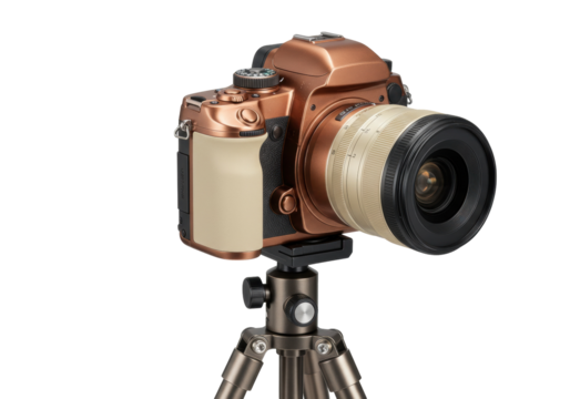 Copper-colored digital camera with lens isolated on a tripod, professional photography equipment for studio shots and outdoor use