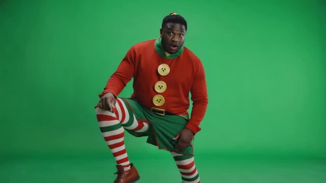 Man in elf costume posing with surprised expression against a green screen backdrop in a studio christmas elves green screen video