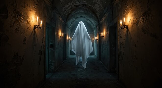 Ethereal Ghostly Figure Floating in Dark, Candlelit Stone Corridor, Mysterious and Spooky. - Powered by Adobe