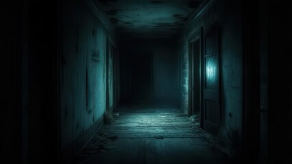 Dark and eerie abandoned hallway with mysterious light, spooky atmosphere.
