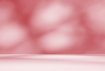 Empty red rose pink room studio with shadow of leaves overlay effect. Sunlight shining through window. Product presentation display showroom. Cosmetic beauty fashion rooms. Valentine background.