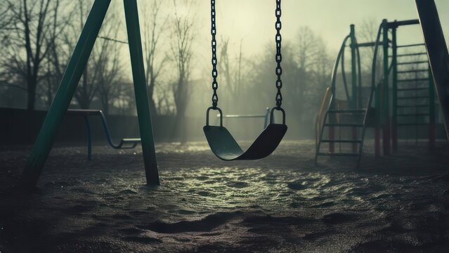 Empty swing set in a misty, desolate playground scene.