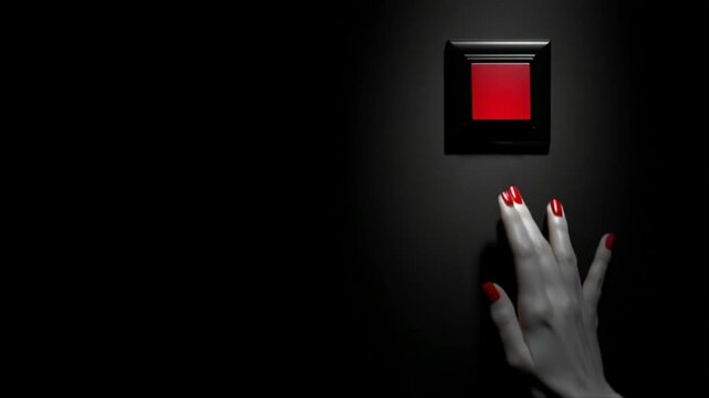 A beautiful, well-groomed female hand turns on a red switch on a completely black wall, leaving space for your visual projects - text, images, videos, and other designs