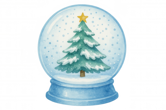 Christmas tree in snow globe, watercolor painting, winter holiday decoration with falling snow, festive illustration