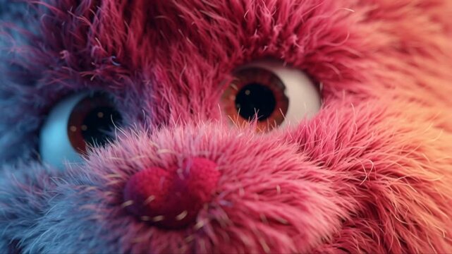 An anthropomorphic furry character in a very close-up animation with kind eyes and soft pink fur - could be, among other things, a touching video avatar