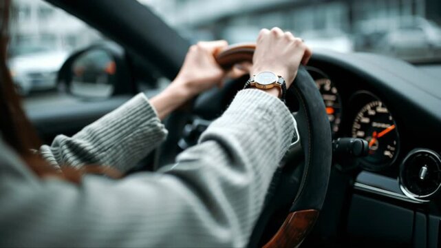 Close-up of the movement of a stylish young woman's well-groomed hands on the stylish steering wheel of an expensive car without emblems or brands, which slowly moves along a city street