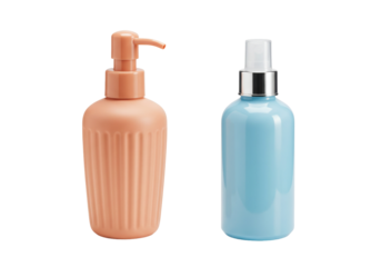 Peach and blue bottles isolated on white, cosmetic containers for beauty and personal care products