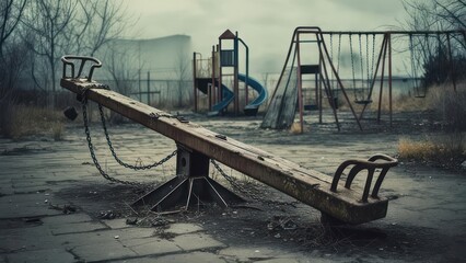 Abandoned Playground with Rusty Seesaws and Swings in Overgrown Setting.