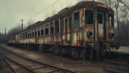 Obraz premium Decaying Train Cars in Overgrown Yard.