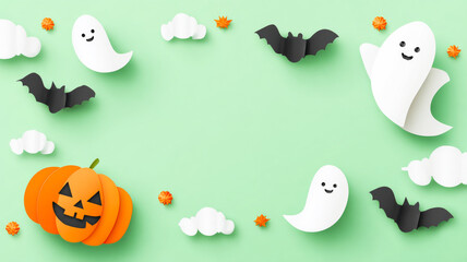 Halloween decor on green background. Cute ghosts, bats, and a carved pumpkin create a playful Halloween scene on a soft green background.