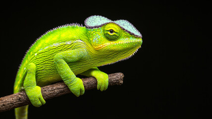 Fototapeta premium Colorful lizard perched on a branch. Bright green lizard rests on a small stick, showcasing detailed skin patterns against a dark background.