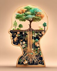 mindfulness growth tree Abstract Conceptual Art of Nature and Human Connection with Tree Inside Head mental health wellbeing illustration for therapy coaching and wellness branding