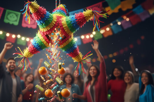 Festive Star Pi&ntilde;ata Bursting with Candies and Oranges During Mexican Posadas &ndash; Perfect for Christmas Celebrations & Cultural Design
