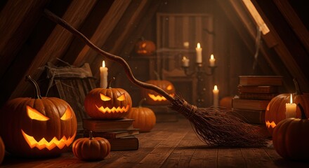 Spooky Halloween Attic Scene - Glowing Carved Pumpkins, Candles, Broom, and Dim Lighting.