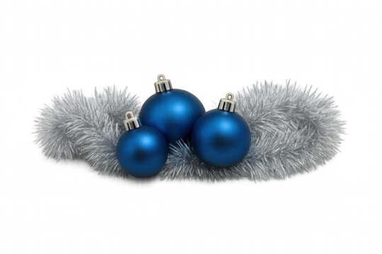 Three blue christmas balls resting on shiny silver tinsel, suitable for holiday decorations and festive design elements. Transparent background