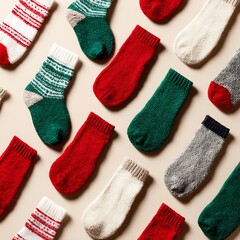 Christmas socks arranged neatly on plain blank background