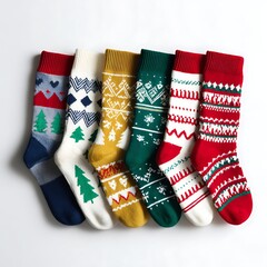 Colorful Christmas socks isolated on white minimalist background