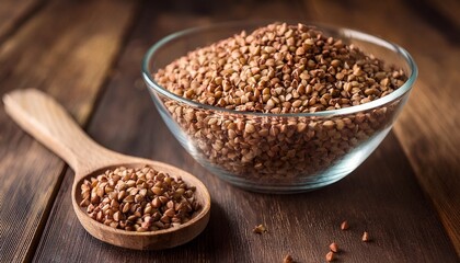 Wooden Spoon With Nutritious Buckwheat Groats In Glass Bowl On Rustic Wooden Table