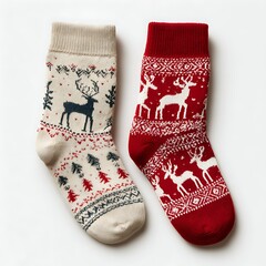 Pair of Christmas socks with patterns on blank surface