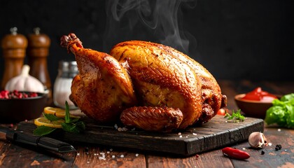 Roasted Chicken on Wooden Board.