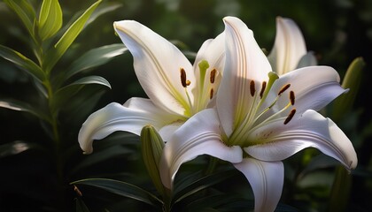 Fototapeta premium Pale Lavender Lilies Close Up Soft Lighting Dark Green Foliage