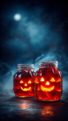 Spooky glowing Halloween jars. Two jars with glowing jack-o'-lantern faces sit against a dark, misty background, evoking the Halloween spirit.