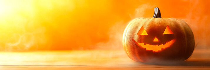 Glowing pumpkin for Halloween. A carved pumpkin smiles in bright light, signaling the spirit of Halloween with fog in the background.