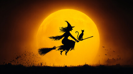Witch flying with cat on broom at night. A witch rides her broomstick with a black cat against a big yellow moon, creating a magical night scene.