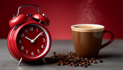 Morning coffee and alarm clock set. Red alarm clock sits beside a steaming cup of coffee on a table scattered with coffee beans in a cozy setting.
