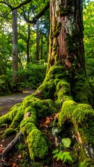 Lush forest with mossy roots