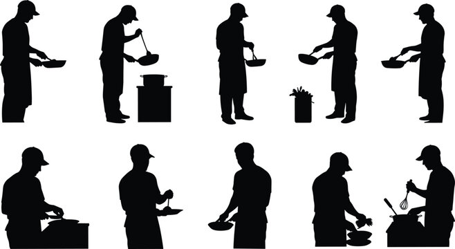 Chef silhouette, cooking man illustration, kitchen activity artwork, food preparation graphic, culinary design clipart, restaurant worker