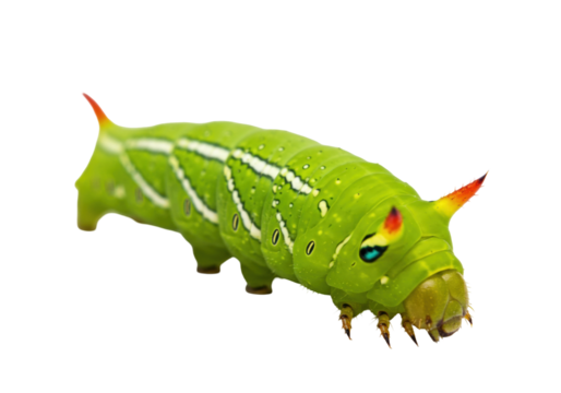 Green caterpillar isolated on transparent background PNG, lime butterfly larva with red horns and white stripes for nature and wildlife projects