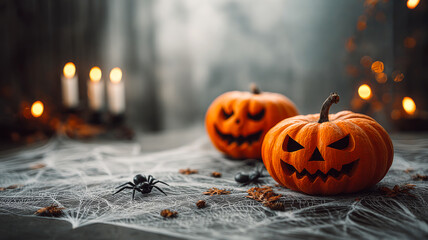 Pumpkins and candles set Halloween. Two carved pumpkins sit on a web-covered table with candles and decorative spiders, setting a spooky Halloween scene.