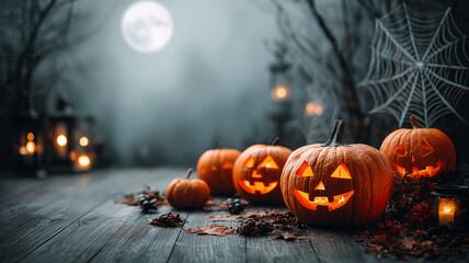 Spooky Halloween pumpkins at night. Jack-o'-lanterns glow with eerie faces amidst autumn leaves and spider webs under a full moon at night.