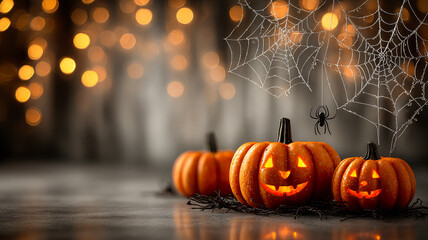 Glowing pumpkins brighten Halloween. Three carved pumpkins with smiles sit on a table, encircled by spider webs and warm lights for a spooky vibe.
