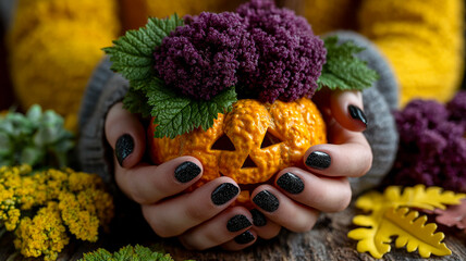Colorful pumpkin decoration for autumn. Hands holding a carved pumpkin filled with vibrant purple flowers, surrounded by autumn leaves and flowers.