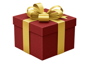 Red gift box with golden ribbon and bow isolated, present for Christmas or birthday on transparent background PNG