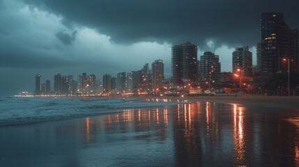 Nighttime city lights reflect on wet sand by the shore during a stormy evening