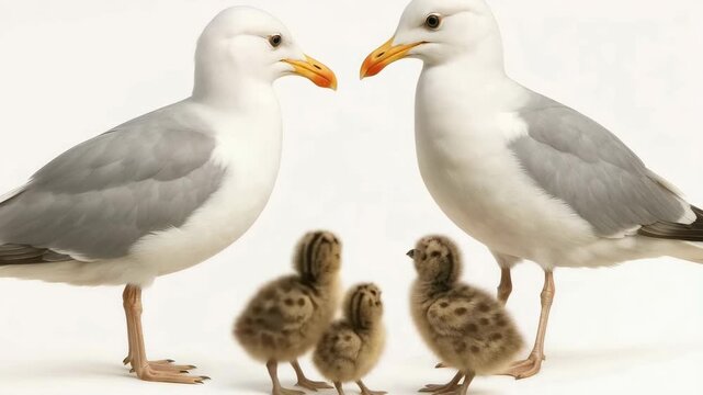 Herring Gull Parents Feeding Two Chicks on White Background