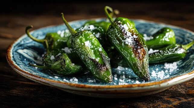 Sizzling Padron Peppers on Plate: Savor the tantalizing essence of authentic Spanish cuisine with this close-up shot of freshly grilled Padron peppers, presented on an intricate ceramic plate.