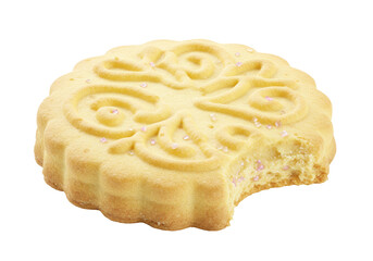 Delicious shortbread cookie with pink sugar isolated, traditional Scottish biscuit with bite taken out for tea time and sweet treat