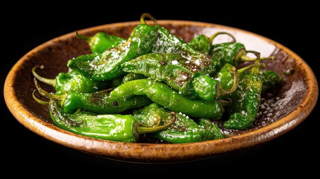 Roasted Padron Peppers: A delightful serving of roasted padron peppers, perfectly cooked to bring out their subtle flavors and adorned with a sprinkle of sea salt on a rustic, earthen plate.