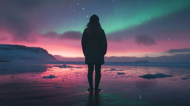 Stargazer admiring the northern lights at dusk on a quiet beach in Iceland