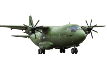 Green military transport aircraft isolated PNG, turboprop airplane for cargo and troop transport on transparent background