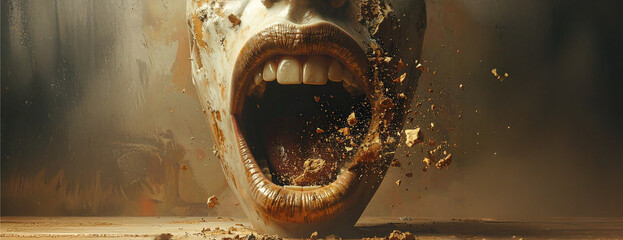 Massive mouth exploding with sand and earth debris. AI-generated digital art depicting impact, breakdown, and existential crisis. Powerful visual for global change and fragmentation.