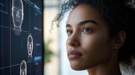 Young woman analyzes facial recognition technology on a digital screen in a modern office setting during the day