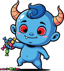 Cute blue baby demon with orange horns holding colorful candy, adorable fantasy character, playful Halloween illustration for kids.