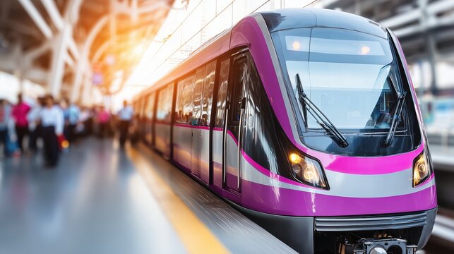 Modern mass transit subway train arriving at a station platform during the day